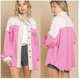 New POL Clothing Women's Gauze Knit Button Front Shacket Oversized Large Pink L